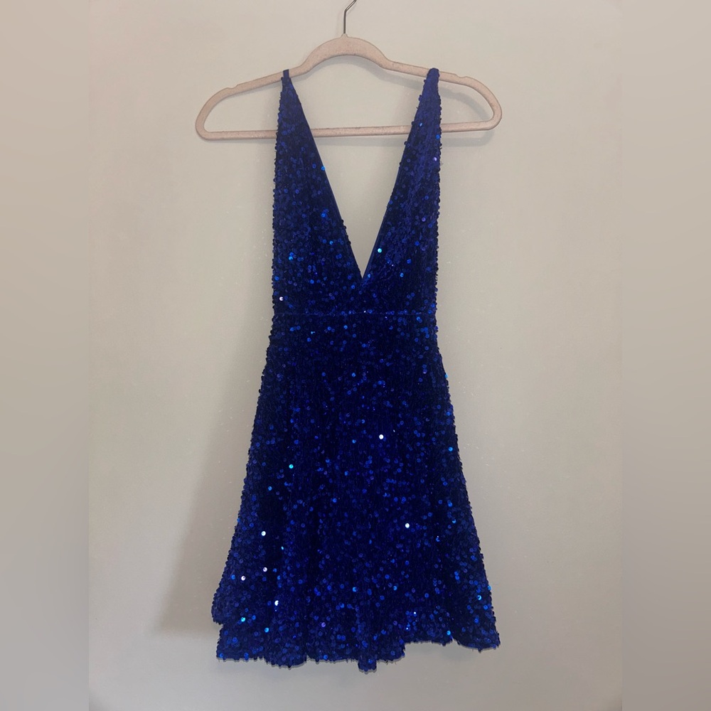 Blue Sequin Halter Homecoming Dress